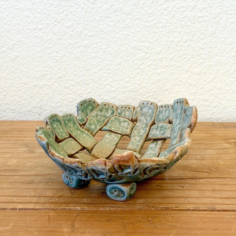 Studio Pottery Woven Slab Bowl Blue Green Glaze‎ Footed Handbuilt Sculptural